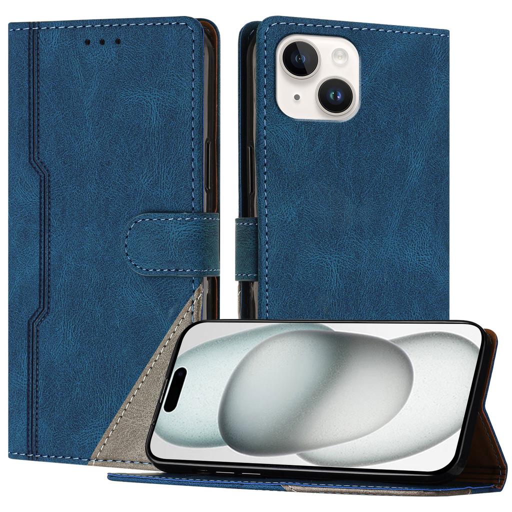 For iPhone 15 Leather Case Triangle Patchwork Wallet Stand Shockproof Phone Cover