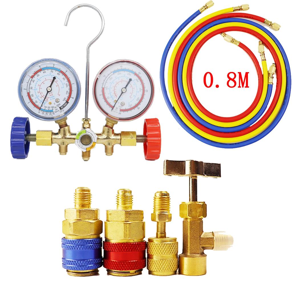 3-way AC Manifold Meter, HVAC Refrigerant Diagnosis and Charging Tool, Support R12, R22, R404A,R134A, Adjustable Quick Connector