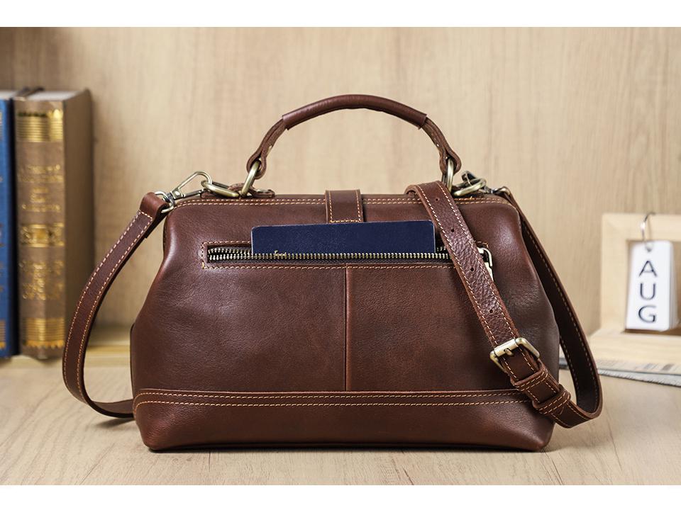 Full-Grain Cowhide Convertible Women's Shoulder Handbag with Metal Hinge Buckle