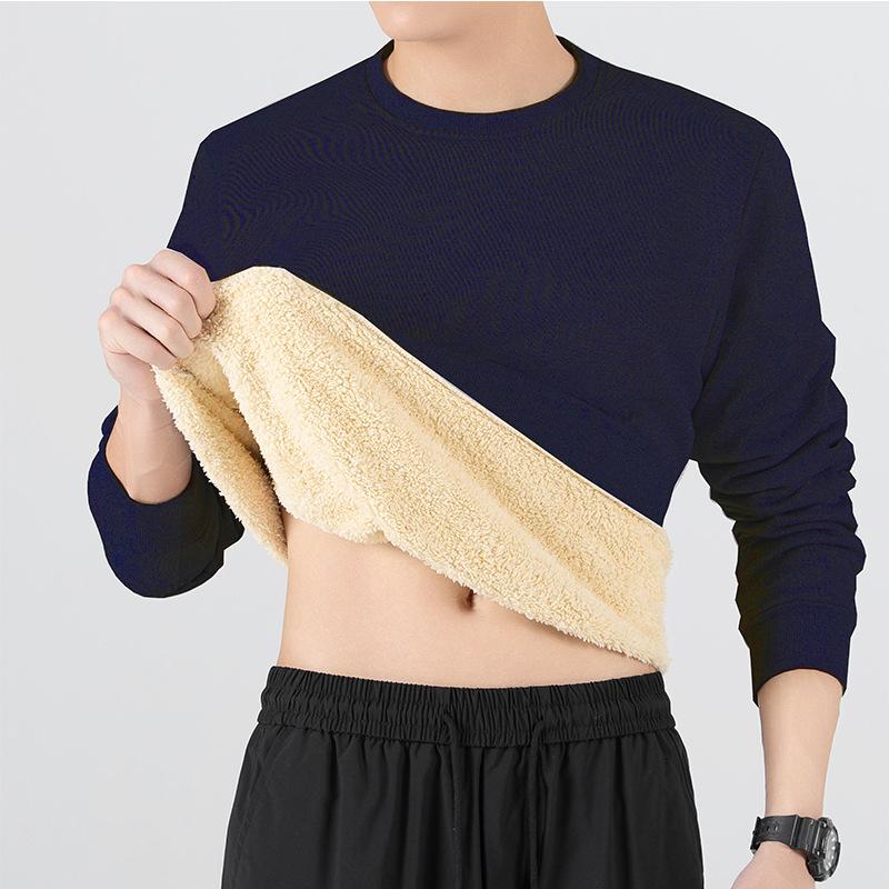 Мужская зимняя велюровая терморубашка с круглым вырезом, мужской свитер из овечьей шерсти