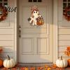 Home Wall Embellishment Halloween Cute Bow Ghost Door Sign, Wooden Patchwork Hanging Plaque with Pumpkin Candy Basket, Retro Pendant Lanyard for Front