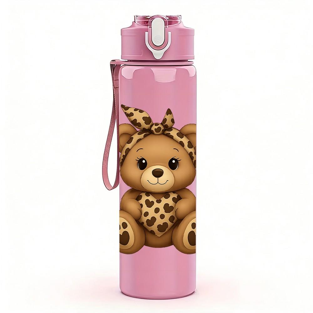 1PC Cute Brown Teddy Bear Art 750ml Color Plastic Sports Water Bottle Leakproof Flip Straw Lid Suitable for Sports Office Home Use