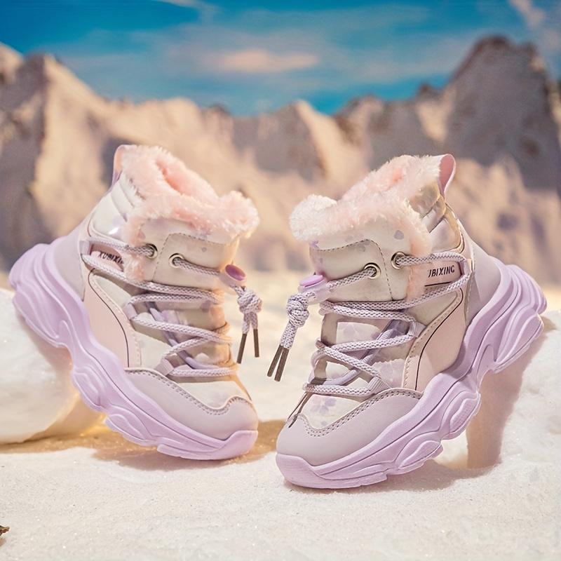 Cute Snow Boots Warm Cozy Girls Winter Snow Boots High Top Sneakers Elastic Lace Closure Fleece Lined Outdoor Fun