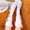 Luxurious Knee High Cut Canvas Shoes Women Lace-up Mid Calf Boots Flat Heel Female Casual Shoes High-top Boots Flats Canvas Shoe