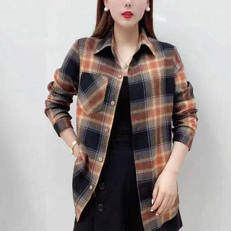 Весна Осень Элегантная Мода Harajuku Клетчатые Топы Женские Свободные Повседневные Универсальные Женские Рубашки Поло На Пуговицах Длинные Рукава Блузки