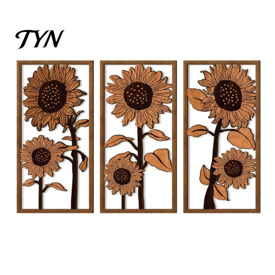 Vertical Triptych Set 3Pcs Vintage Sunflower Wooden Wall Decor, Farmhouse Cutout Wood Floral Sculpture Art, Rustic Hanging Ornament for Living
