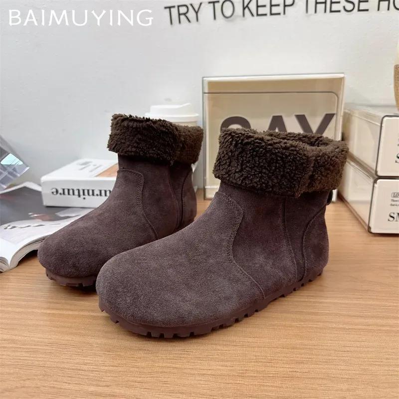 Замшевые женские зимние ботильоны на плоской подошве с мехом, повседневная обувь для женщин 2025 года, теплые и удобные кроссовки для ходьбы, мотоциклетные ботинки для женщин
