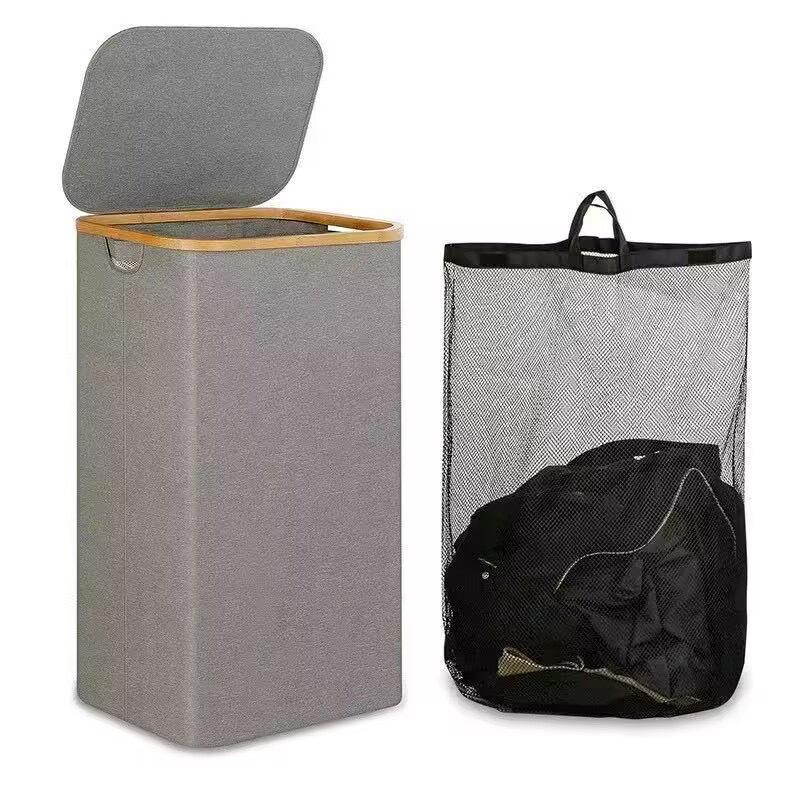 Foldable Bamboo Laundry Basket with Lid and Inner Bag for Bathroom/Bedroom