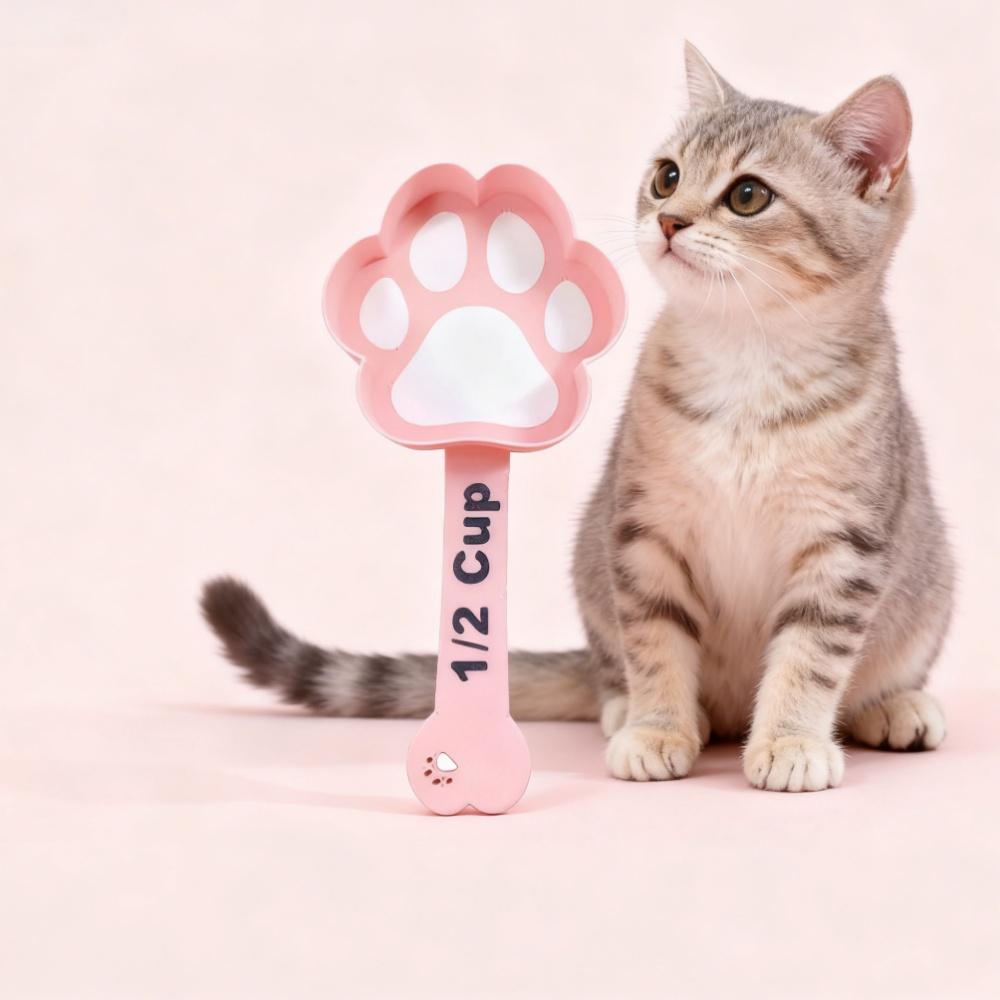 This Set of Three Cat Food Scoops Includes a Squeeze Mechanism a Handy Can Opener And a Paw Print Design It'S Easy to Clean And Ensures
