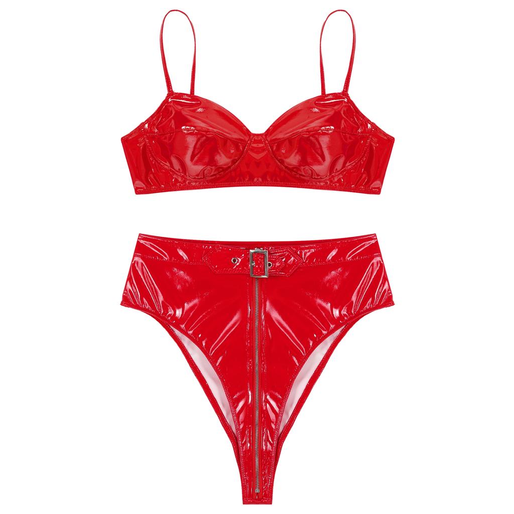 Женский костюм для ночного клуба Rave Pole Dance, комплект кожаного нижнего белья из 2 предметов, эластичный бюстгальтер, топ с трусиками, боди Babydoll