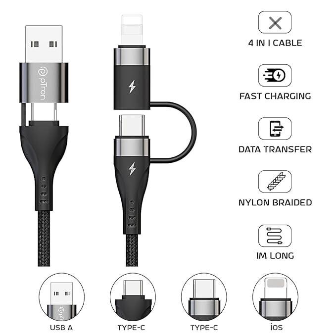 Быстрый USB-кабель 4 в 1, совместим с 65 Вт Type C на Type C, 60 Вт USB B0CNVM55PQ