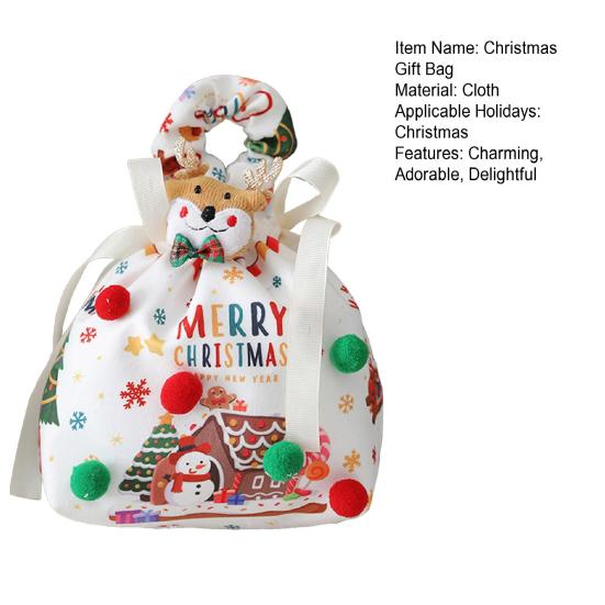 Christmas Gift Bag with Drawstring Reusable Candy Bag for Treats Cookie Goodies Xmas Eve Fruit Storage Bag with Santa Snowman Deer Doll for Xmas Party