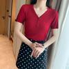 Women Summer V-Neck Short Sleeve Knitted Thin Sweater Shirt Top Short Sleeve Slim Bottoming Button Inner Outer Wear Solid Color