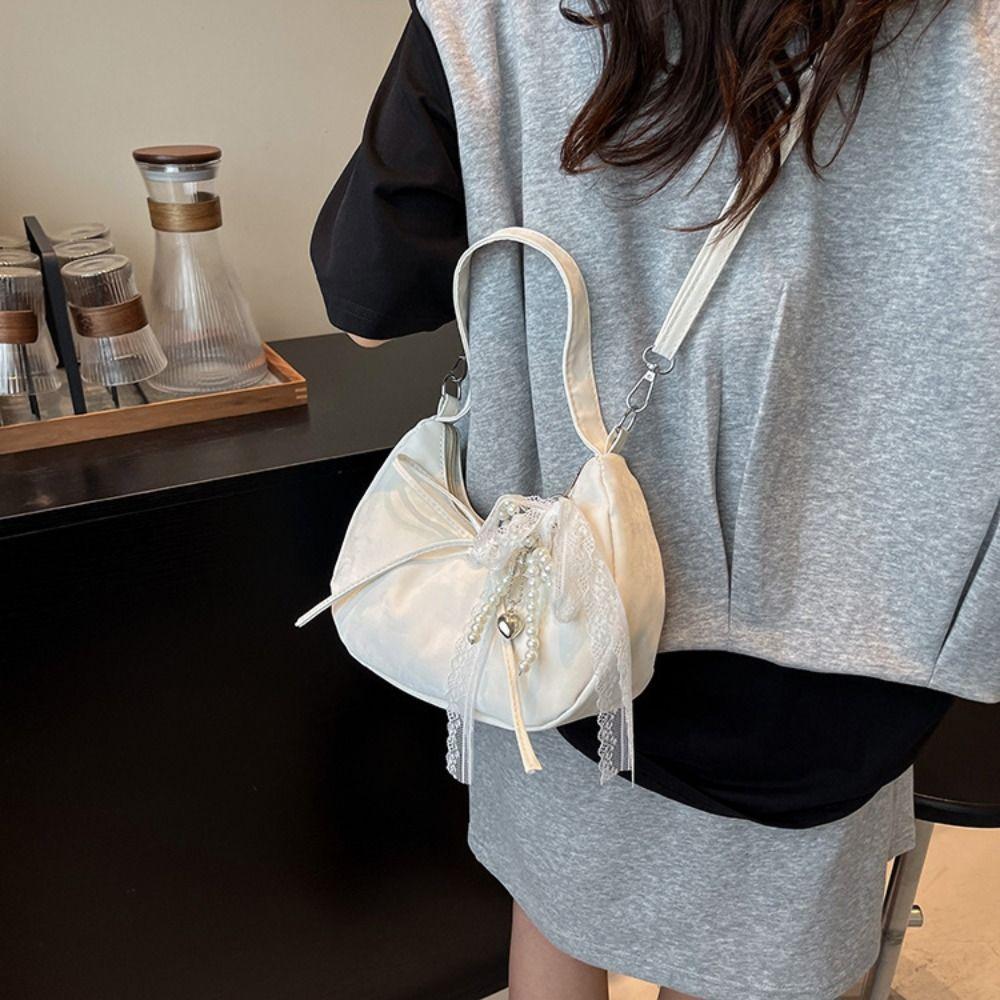 Lace Pearl Pendant PU Hobo Bag Large Capacity French Style Handbag Bow Shoulder Bag Outdoor