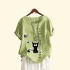 Ladies Pullover Loose Linen Blouse Women Casual Round Neck Cat Print Top Summer Fashion Short Sleeved T-shirt