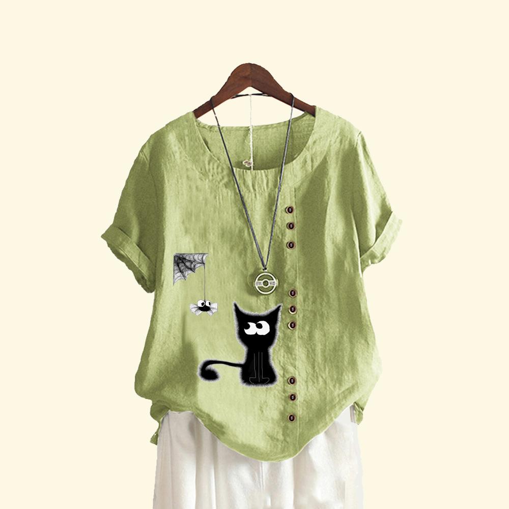 Ladies Pullover Loose Linen Blouse Women Casual Round Neck Cat Print Top Summer Fashion Short Sleeved T-shirt