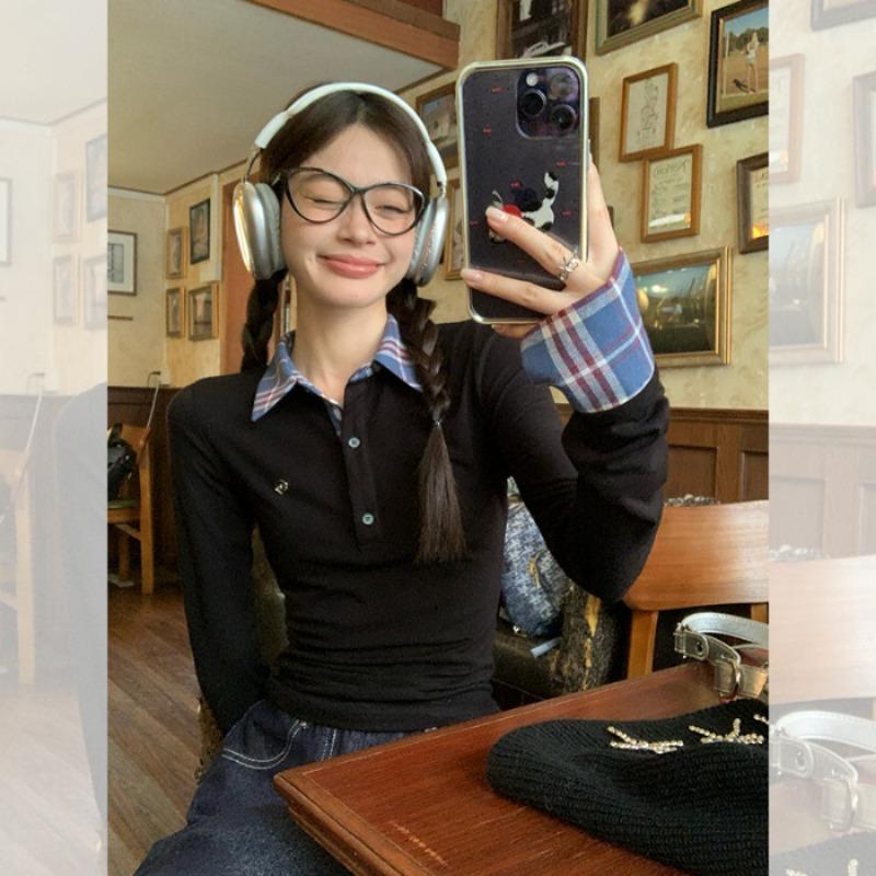 Весна Осень Клетчатый Пэчворк Имитация Двойки Женская Футболка с Длинным Рукавом Водолазка Все-сочетаемая Пуловер Футболка Топ