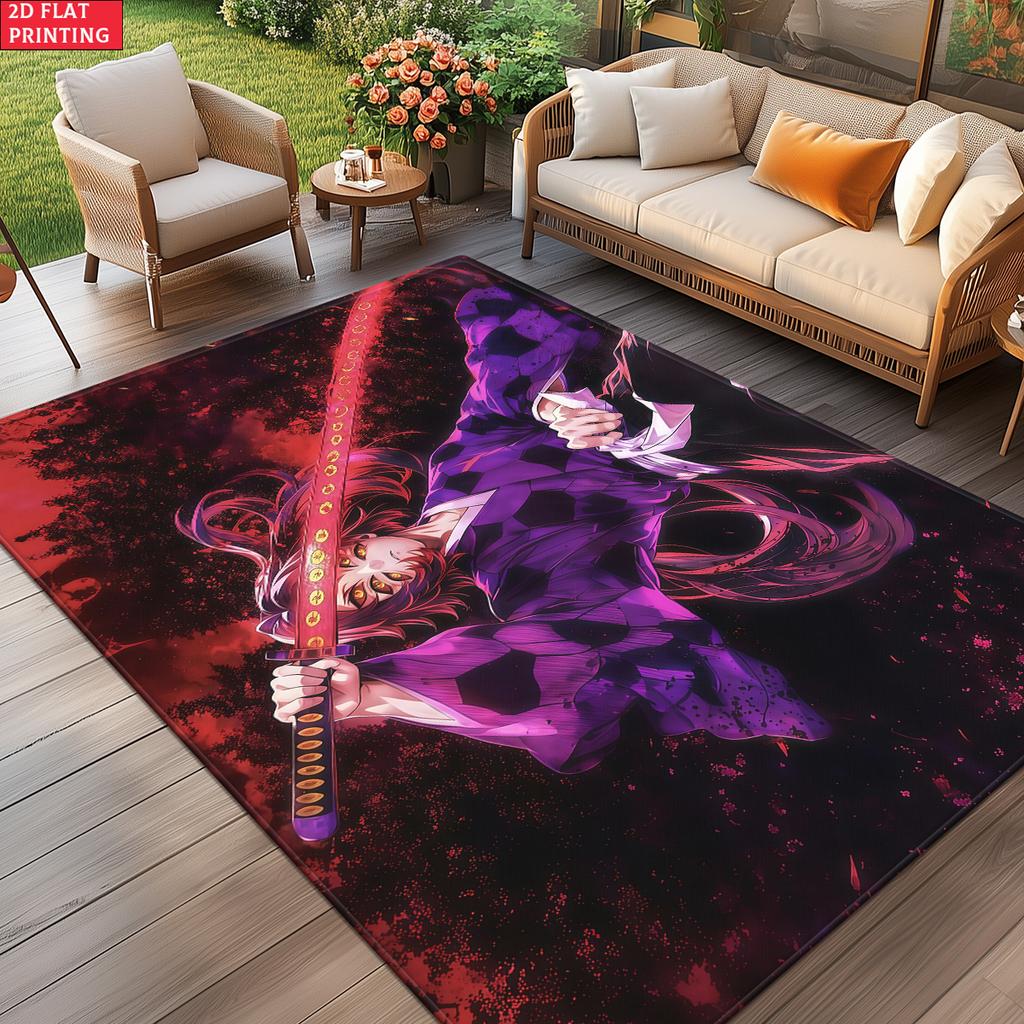 Anime Swordsman Area Rug, Purple Red Flame Theme Floor Mat, Decorative Carpet for Gaming Room Bedroom, Washable Home Decor Gift