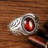 925 Sterling Silver Ring Black Agate Red Garnet Vine Pattern Gemstone Men's Ring
