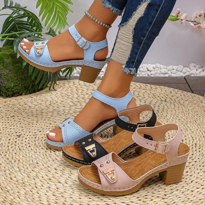 New Casual One-button High-heeled Sandals with Large Thick-heeled Shoes