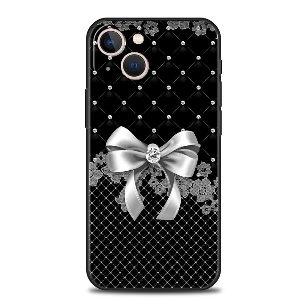 Чехол для телефона Cover для iPhone 17 16 15 14 13 12 Pro Max 11 Pro Max 17AIR Plus Ударопрочный Мягкий ТПУ Черный Бантик Искусственный Жемчуг Расписной