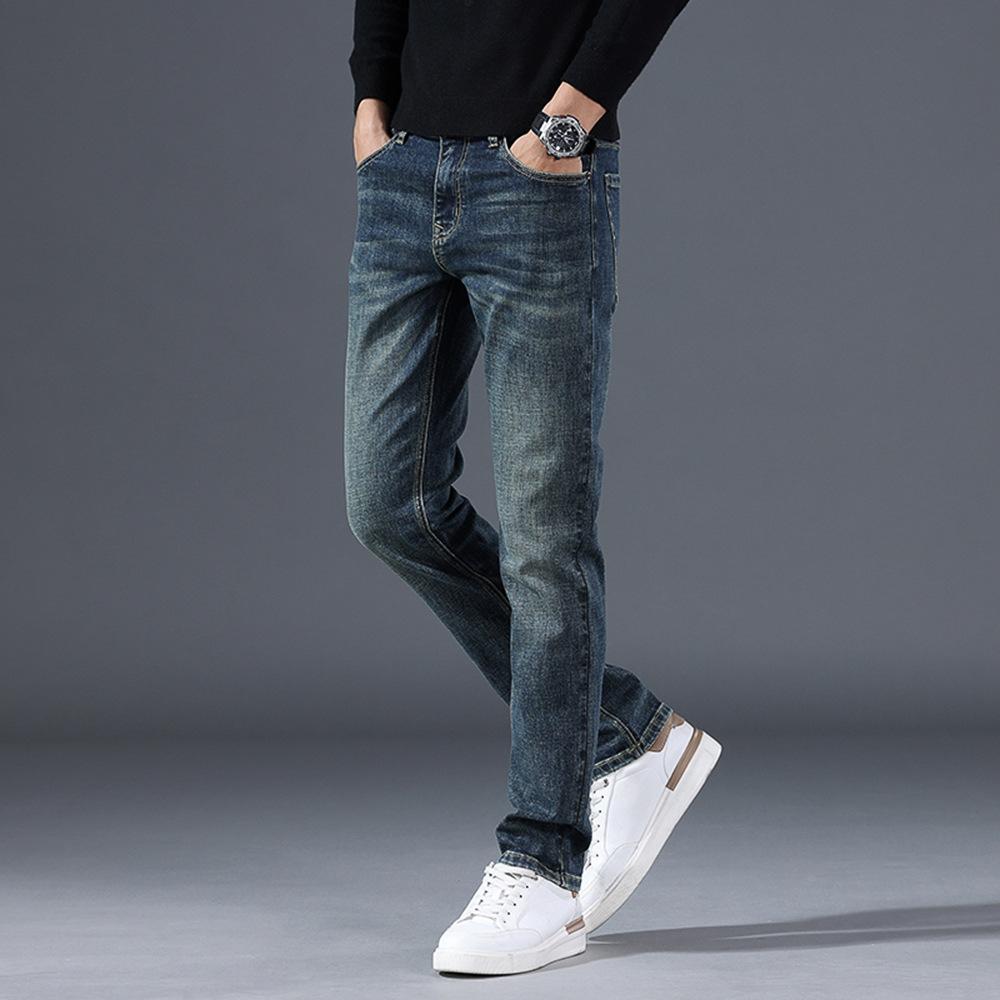 Jeans men's spring and autumn new fashion slim straight pants men's trendy brand elastic denim commuter velvet trousers