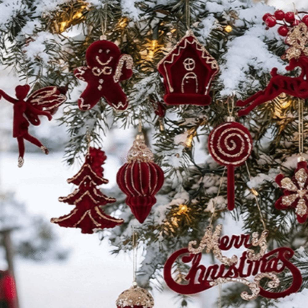 Red Flocked Velvet Christmas Tree Ornament Glitter Trim Xmas Pendant Tree Hanger Festival Layout