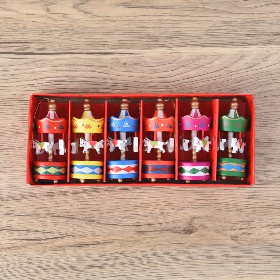 6Pcs Wooden Carousel Christmas Ornament Xmas Tree Hand-painted Merry-Go-Round Hanging Decoration Home Office Holiday Party Pendant