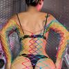 Rainbow fishnet Plus Dress Crotch Big Hole Mesh Underwear Lingerie games Sexy Asymmetric short teddy Bodysuit Women Night
