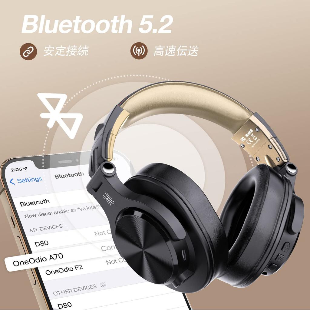 OneOdio A70 Wireless DJ Musical Instrument Black Gold Headphones, 72-Hour Playback, Bluetooth, Wired, Monitor, Practice,