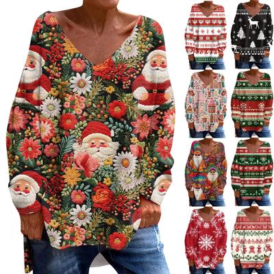 Женская модная повседневная футболка с длинными рукавами и рождественским принтом с V-образным вырезом