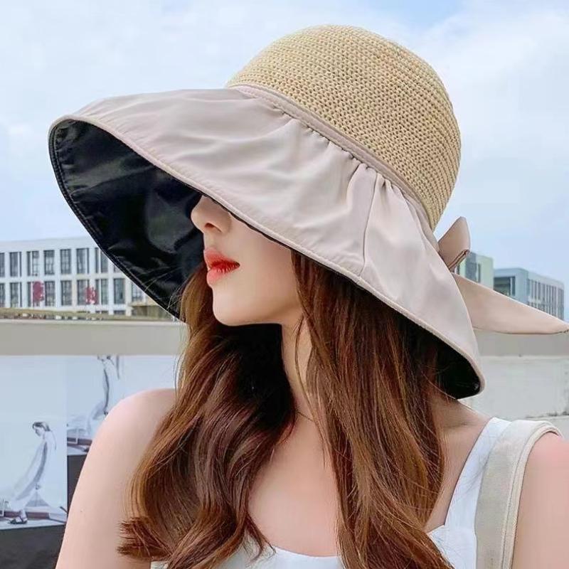 Шляпы от солнца, женские солнцезащитные кепки, летние пляжные универсальные женские шляпы с большими полями, элегантный бант, милые модные шляпы в корейском стиле для отдыха
