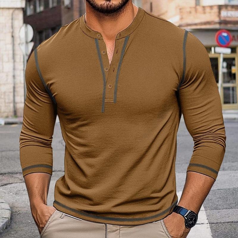 Мужская винтажная футболка-henley с длинным рукавом, блоками цвета и круглым вырезом, повседневный топ