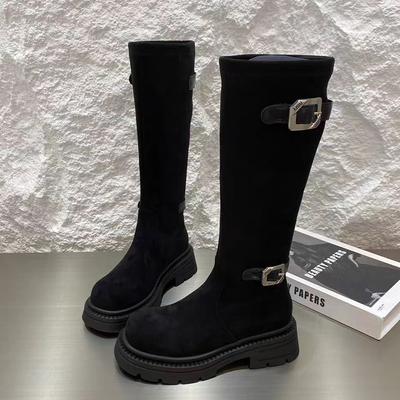 Женские ботинки на плоской подошве, высокие, замшевые, зимние, дизайнерская обувь, модные, повседневные женские ботинки 2025, новинка, брендовые, готические, женские ботинки челси