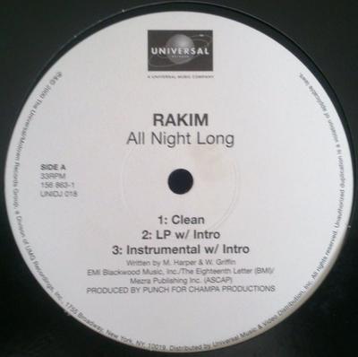 12-дюймовая пластинка RAKIM - All Night Long UNIDJ018 Universal Recor 2000 US Rap & Hip-Hop/R&B Б/у