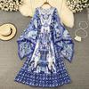 Retro Palace Wind Round Collar Bell Sleeve Loose Blue and White Porcelain Printed  Dress Elegant Temperament Large Skirt