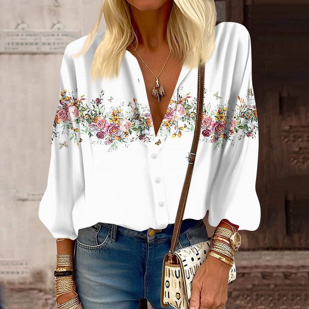 Женская рубашка, блузка с принтом на пуговицах, повседневный винтажный модный топ с круглым вырезом и рукавами 3/4