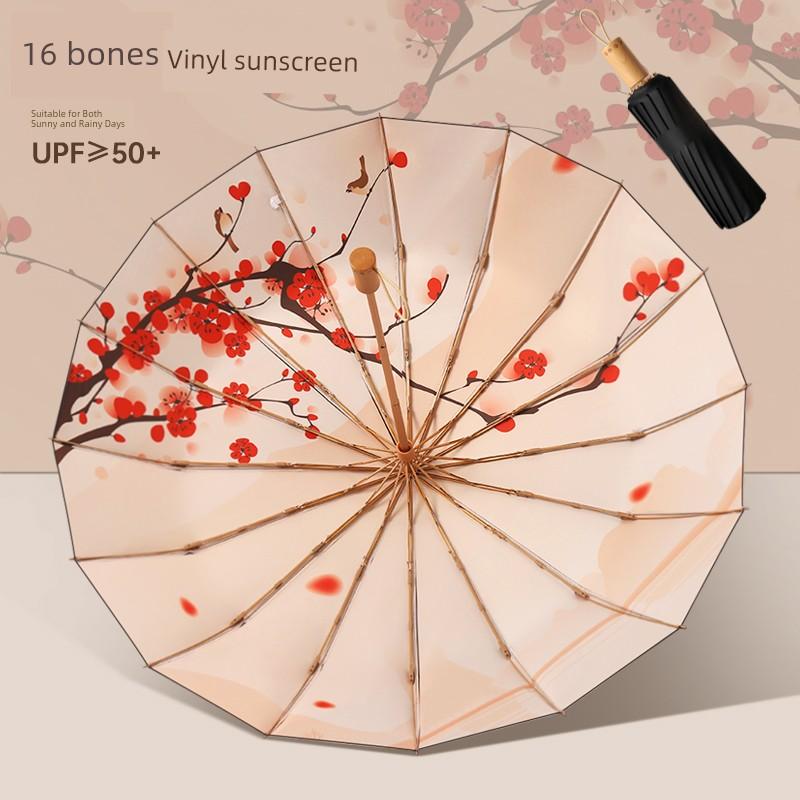 16-Rib Sunshade Umbrella, Retro Style, Foldable, Uv Protection, Dual-Use for Sun and Rain, Simple Black-Coated Umbrella