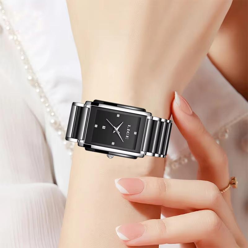LIGE Simple Elegant Woman Watch Fashion Luxury Square Ceramics Leisure Diamond Waterproof Calendar Lady Quartz Watches for Women