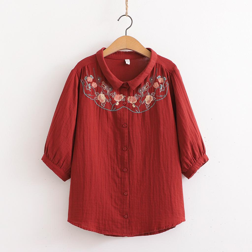 Women's Floral Embroidery Soft Seven Sleeve Shirt