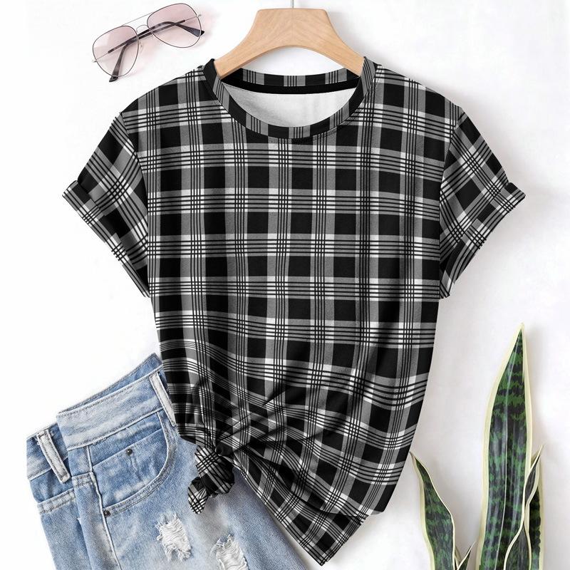 Striped Casual Sports Women's T-shirt Summer Round Neck Short Sleeved Element Pattern Checkered Loose Fit T-shirts