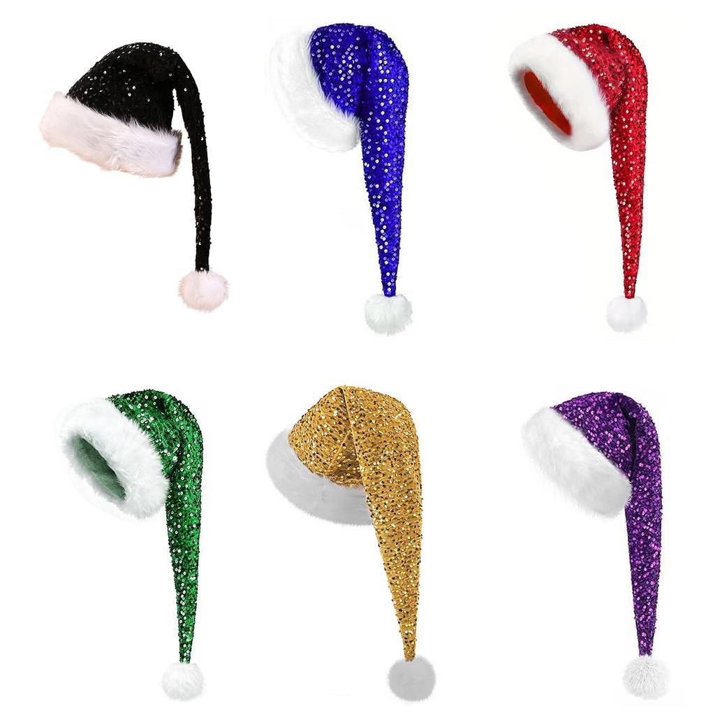 Durable Polyester Santa Hat Christmas for Adults, Thicken Soft Velvet Xmas with Sequin Sparkly Cap Decoration, Long Claus Holiday Party Cosplay