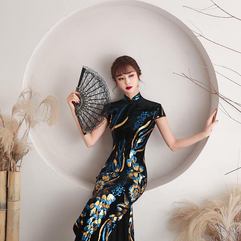 1011 New Women's Cheongsam Fashion Retro Republic of China Style Dress Stand Neck Short Sleeve Casual Cheongsam Dress Women's Sequins