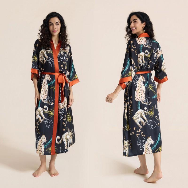Satin Printed Robe Women Plus Size Lightweight Long Sleepwear Home