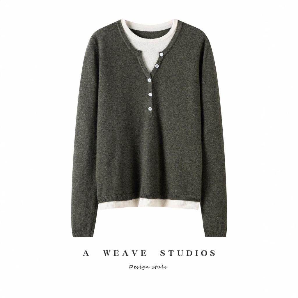 Women's Cashmere Color Block Knit Top: Autumn and Winter Pullover, Round Neck, Fake Two-Piece Design.