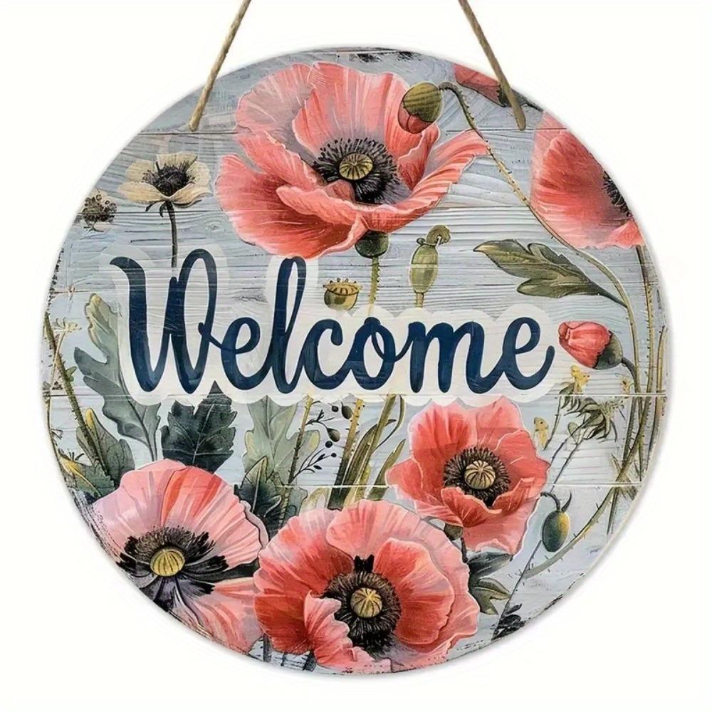 Vintage Welcome Flower Plant Sign, Round Wooden Wreath Sign for Home Room Farmhouse Porch Bar Cafe Wall Decor, Gift for Friends