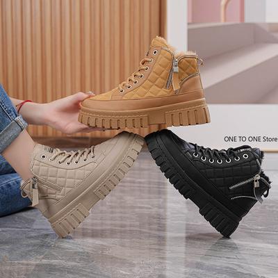 Женские ботинки 2024 года, зимние новые высокие женские плюшевые теплые студенческие хлопковые ботинки на толстой подошве со шнуровкой, увеличивающие рост, хлопковые ботинки