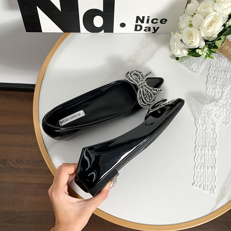 Fashion Ladies Japanned Leather Bowtie Flat Shoes Crystal Beading Bowknot OL Dress Shoes Woman 5cm Height Increasing Ballet Flats 2025
