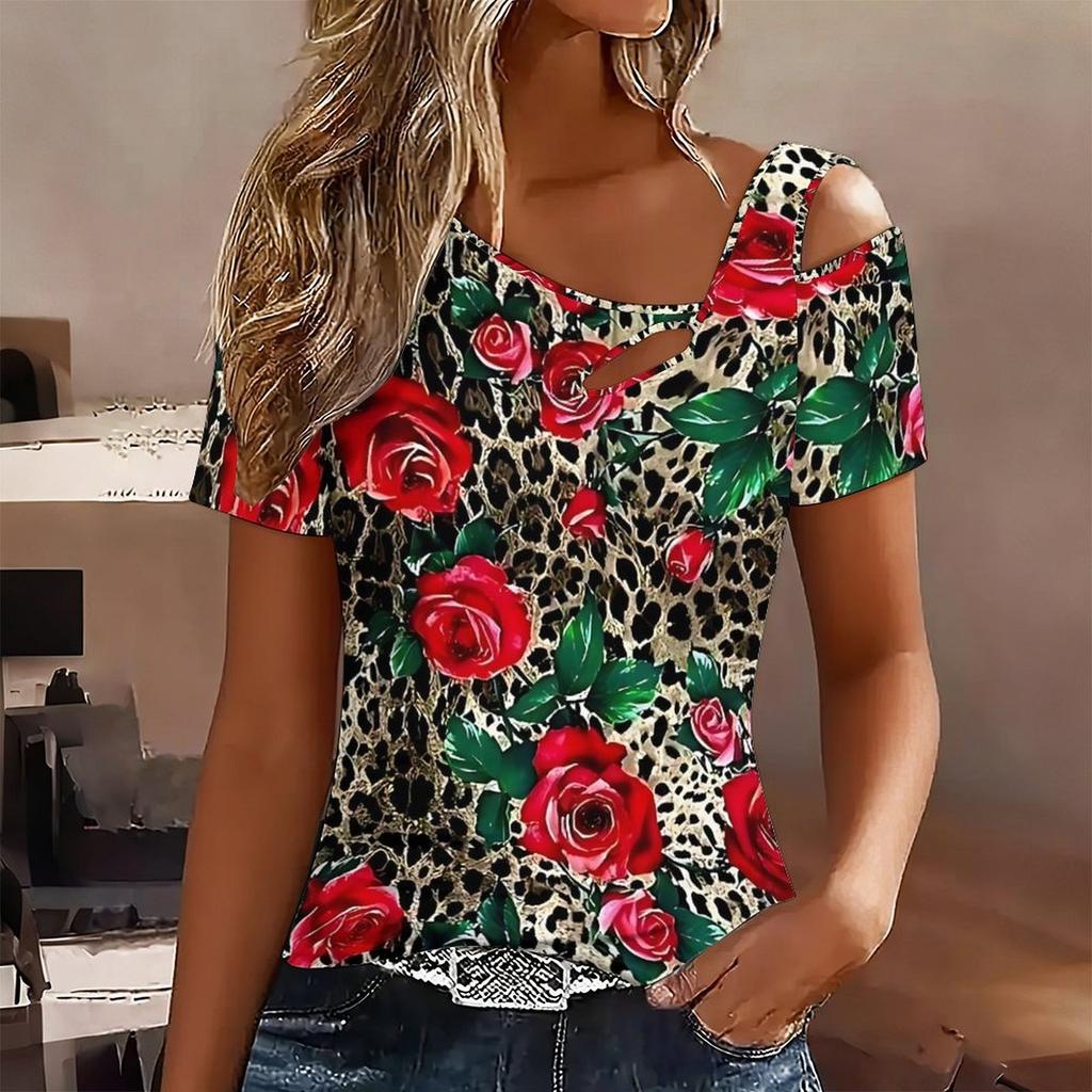Women Painted Flowers Print Cold Shoulder Short Sleeve T Shirt Irregular Cutout Neck Casual Summer Blouse Top