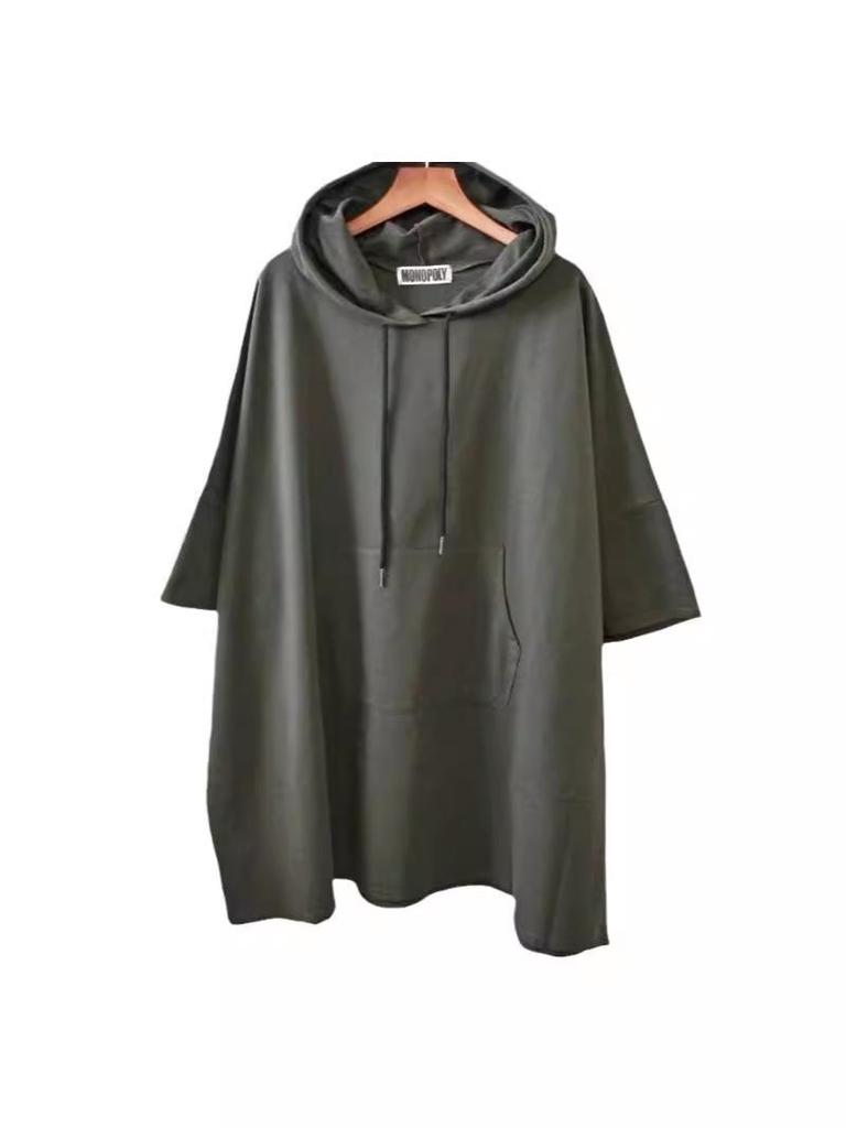 Женская футболка с капюшоном и рукавами средней длины Baduamine - Однотонная, прикрывающая бедра, свободного кроя